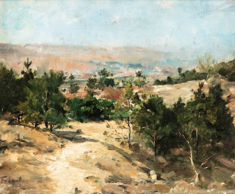 Pine Trees by Émile Friant, oil on canvas, depicting sunlight filtering through forest pines.