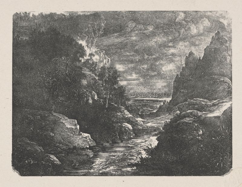 Landscape by Rodolphe Bresdin, ink on paper, depicting rugged terrain and a sweeping horizon.