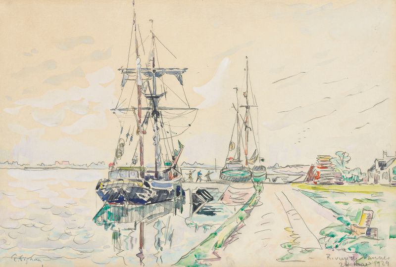 Rivière de Vannes, óleo sobre lienzo de Paul Signac que representa una escena ribereña tranquila.