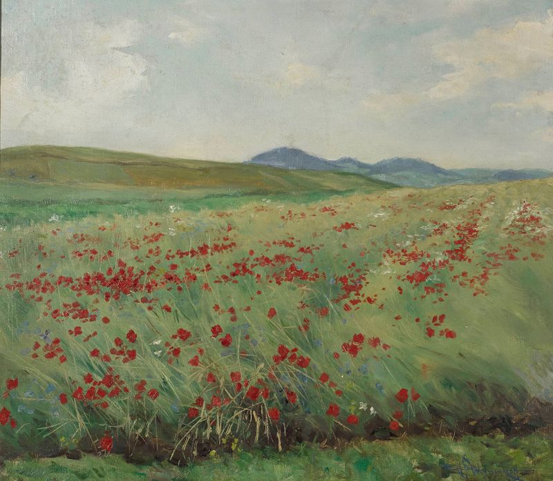 Field of poppies by Henryk Weyssenhoff, oil on canvas depicting a vibrant landscape.