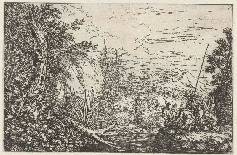 Drie vissers aan de oever van een rivier, gravura de Jonas Umbach