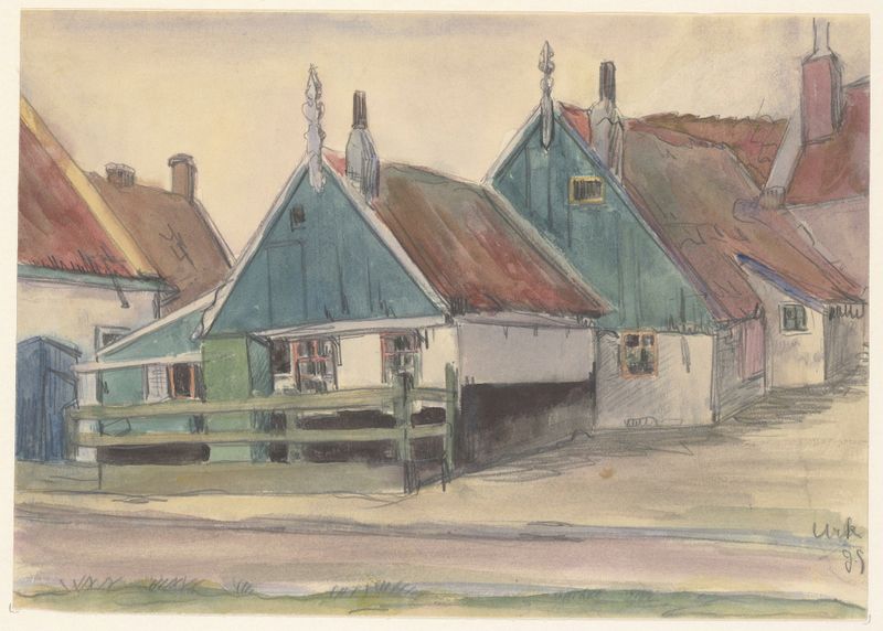 Dutch Golden Age artwork by Julia Giesberts depicting a village with houses in soft blues and earth tones.