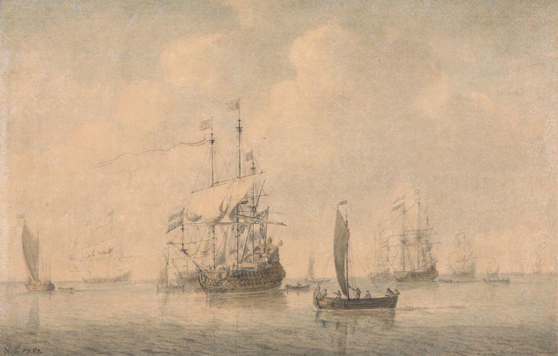 Pintura al óleo de Dominic Serres que muestra buques de guerra en anclaje con velas recogidas.