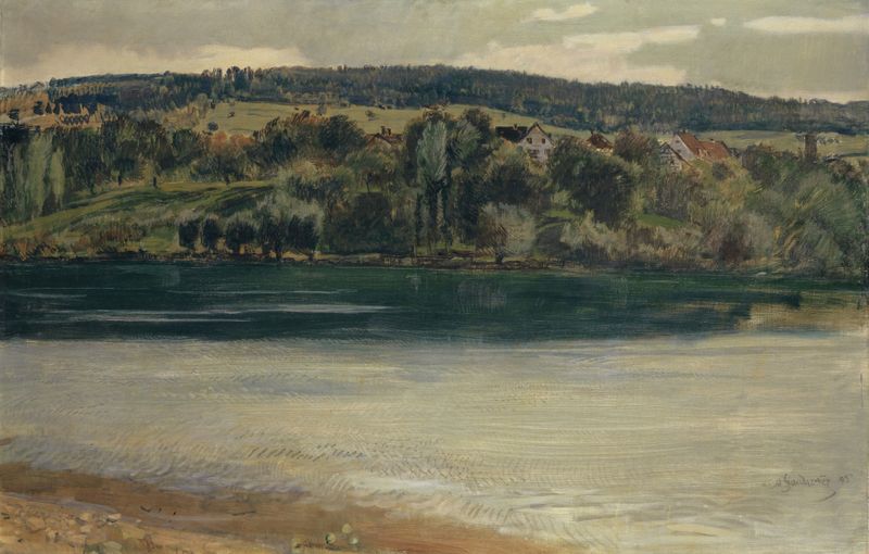 Landscape at dusk featuring the Rhine river, oil painting by Hans Sandreuter