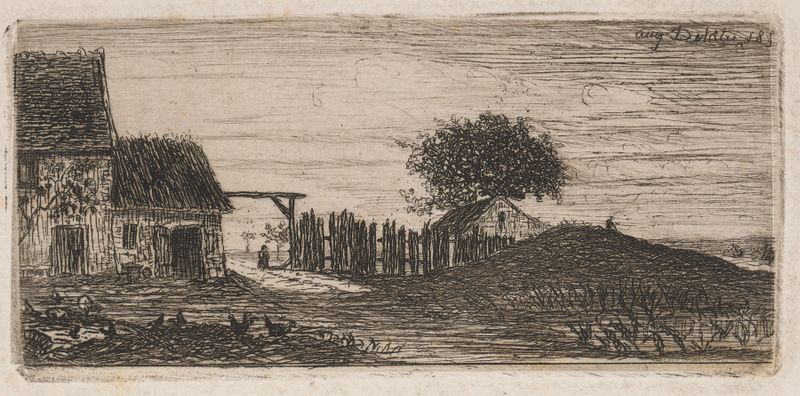 Farmyard by Auguste Delâtre, oil painting depicting a sunlit rural landscape.