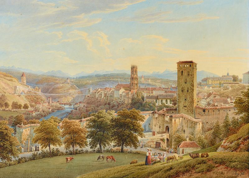 Vue de la Ville de Fribourg de Gabriel Lory the Younger, pintura a óleo que mostra telhados e luz do sol.