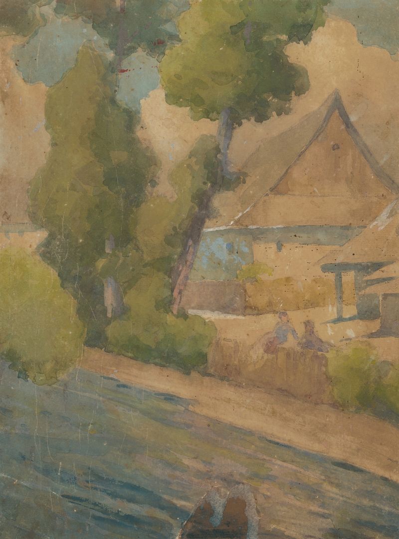 Pintura a óleo By the water de Ľudovít Čordák mostrando uma paisagem serena com reflexos na água.