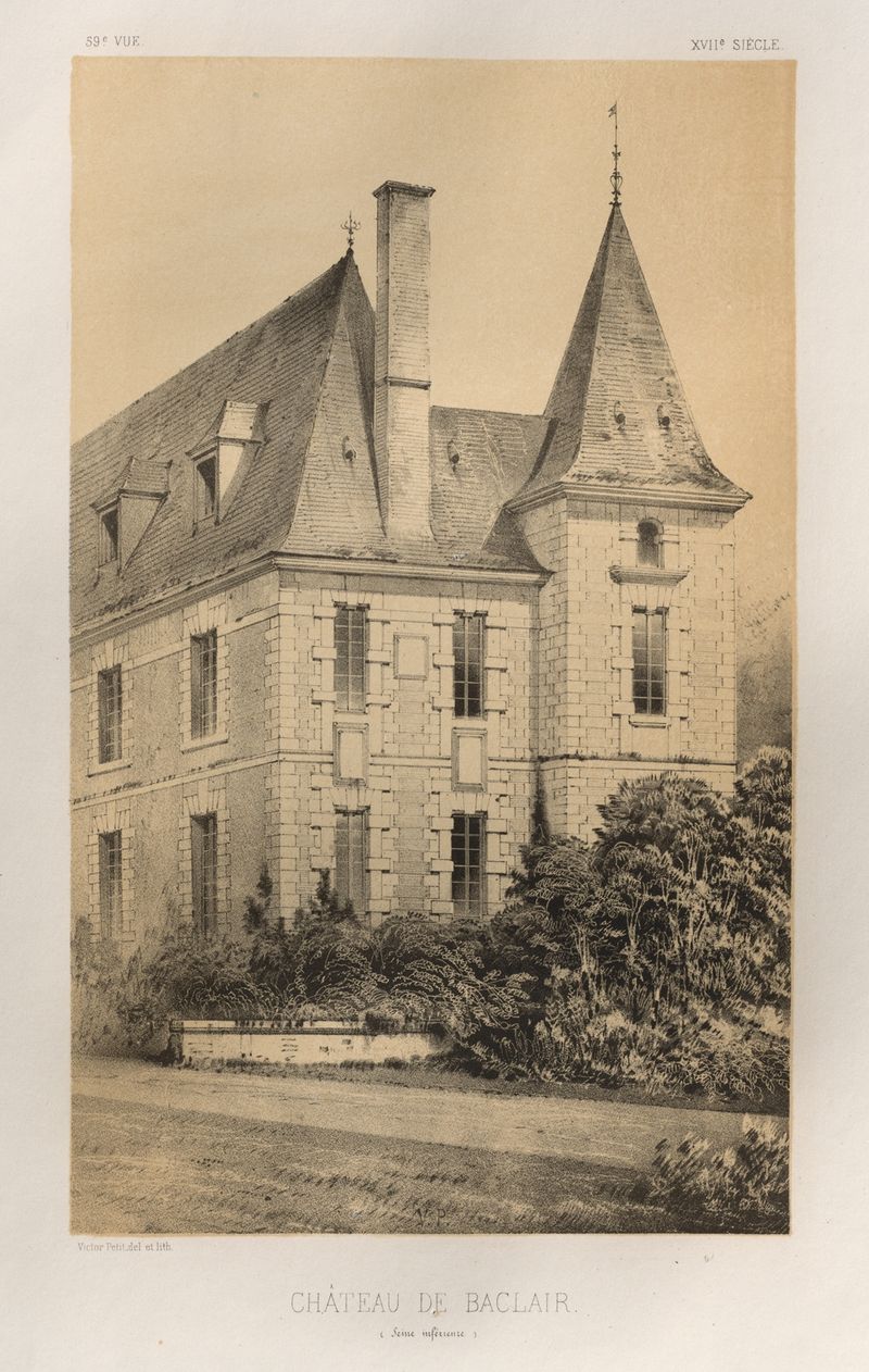 Château De Baclair de Victor Petit, pintura al óleo que muestra un château junto a un río