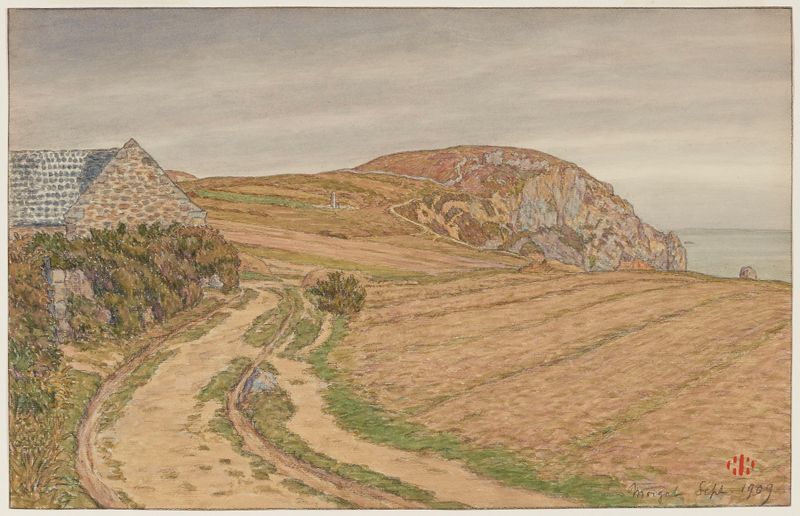 Aquarela de Henri Rivière retratando uma paisagem serena com um caminho sinuoso ao longo de um rio.