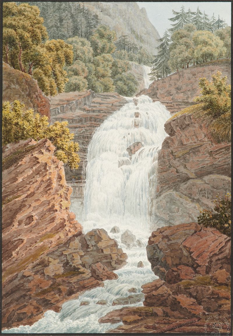 La Giesbach de Jakob Samuel Weibel, óleo de una cascada en un paisaje exuberante
