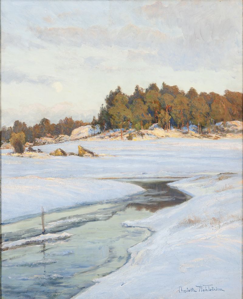 Post-Impressionism landscape by Charlotte Wahlström, depicting twilight hues.