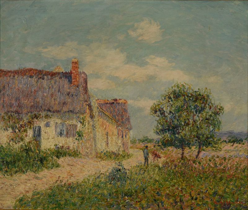 Chaumière au Vandreuil de Gustave Loiseau, pintura a óleo de uma cabana banhada pela luz dourada do pôr do sol