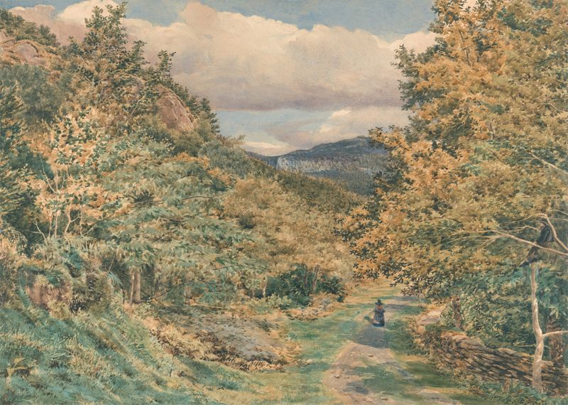 A Road Near Bettws-y-Coed by George Price Boyce, oil painting depicting a winding road through a forest.