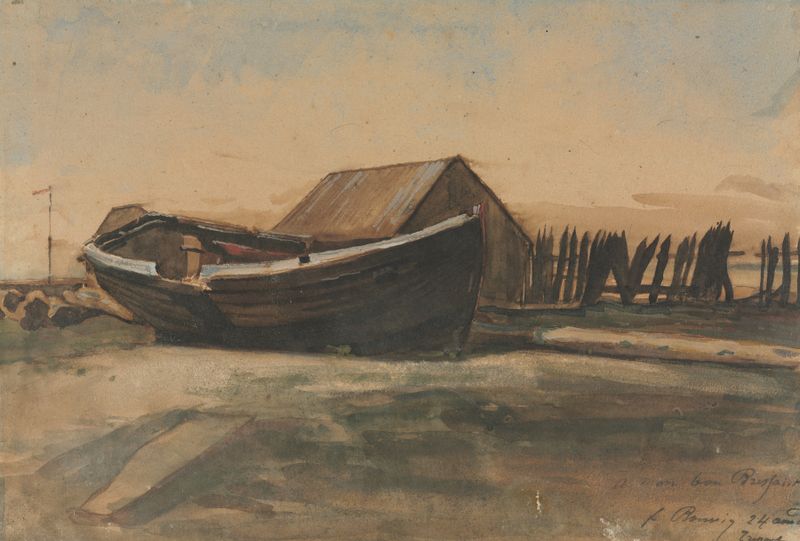 Boat on a beach, oil on canvas by François Bonvin, featuring waves and a tranquil landscape.