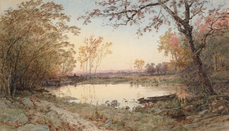 Landscape (Hastings-on-Hudson) de Jasper Francis Cropsey, pintura al óleo que muestra un río y naturaleza exuberante.