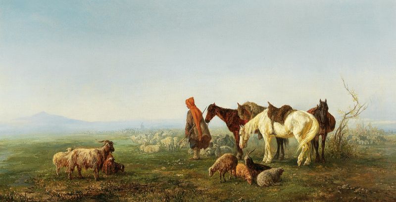 Pintura figurativa al óleo de Fedor Iljitch Baikoff que representa a un pastor en el Cáucaso.