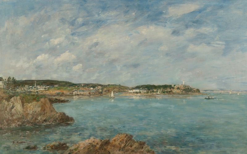 Douarnenez, la baie por Eugène Boudin, óleo sobre tela que retrata uma cena costeira ao crepúsculo.
