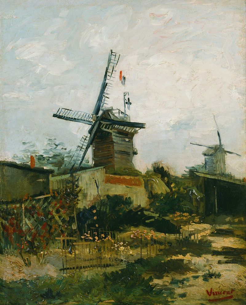Moinhos em Montmartre de Vincent van Gogh, óleo sobre tela, apresenta moinhos sob um céu tempestuoso.