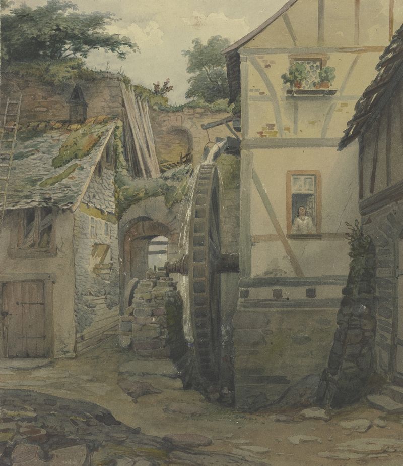 Village motif by Jakob Fürchtegott Dielmann, oil painting depicting a tranquil rural landscape.