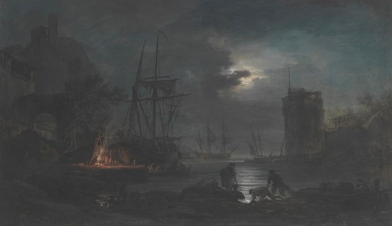 Moonlight de Claude-Joseph Vernet, pintura al óleo que muestra barcos iluminados por la luz de la luna.