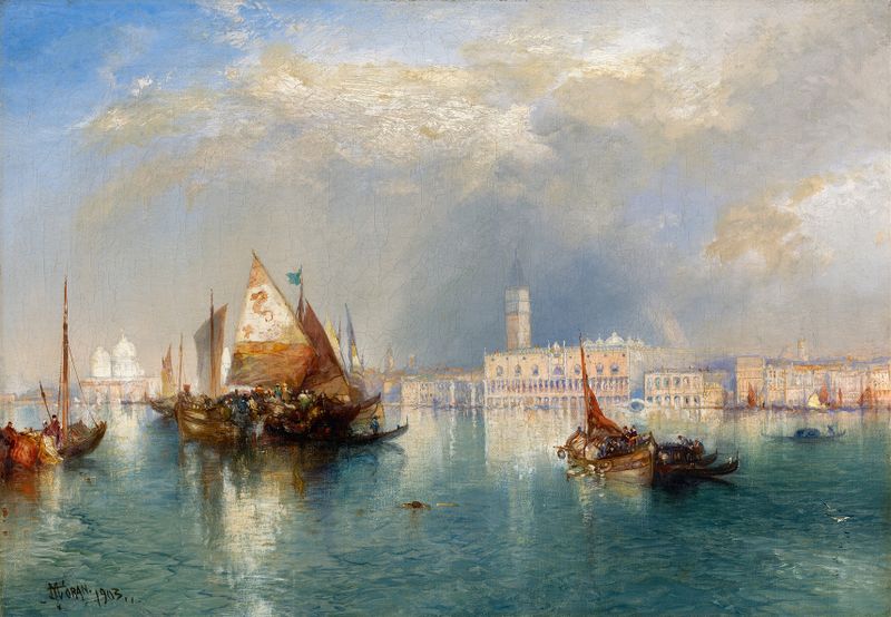 Paisaje de Venecia de Thomas Moran, óleo sobre lienzo, con un canal al atardecer.