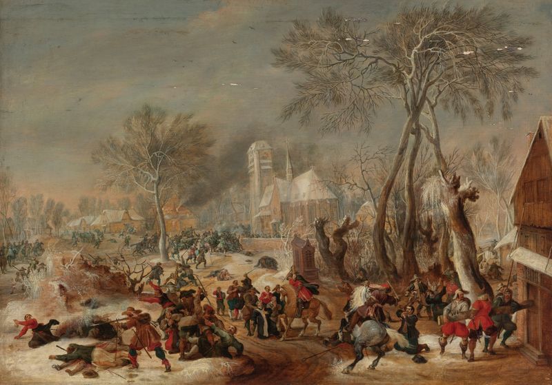 Historical scene of chaos in a village, oil painting by Peter Snayers