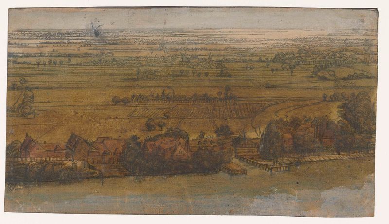Dorp aan een rivier, etching by Jan Ruyscher, depicting a tranquil village by the river at dawn.