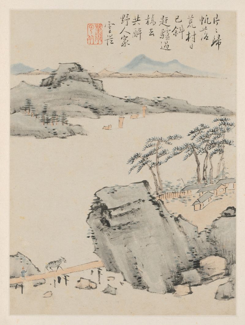 Ink on paper by Xiao Yuncong depicting a serene seasonal landscape with gentle curves and vibrant greens.