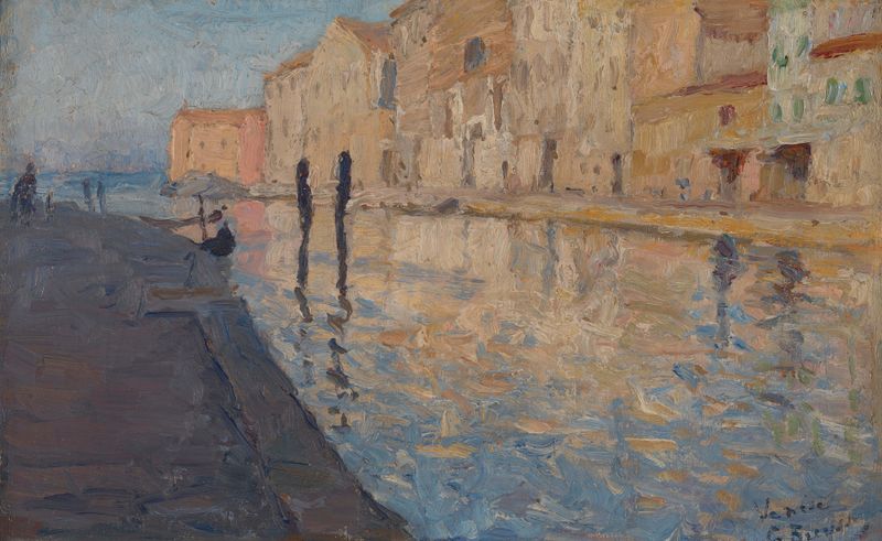 Canal in Venice by Georges Léon Ernest Buysse, Impressionism, depicting water and buildings.