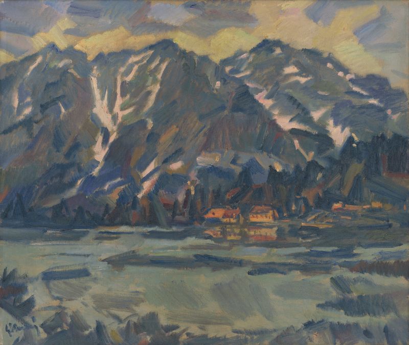 Popradské Pleso Lake de Gustáv Mallý, óleo sobre tela, lago sereno refletindo montanhas