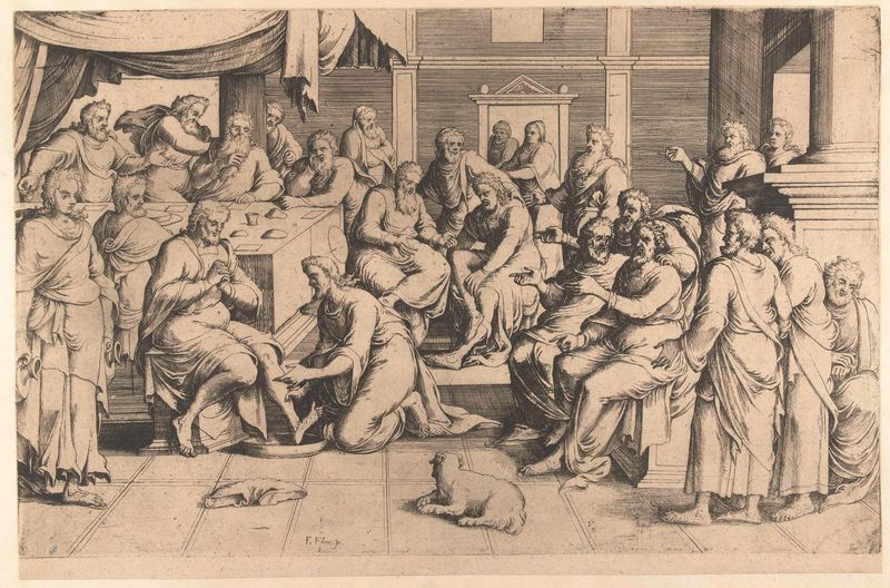 De voetwassing van Petrus, gravura de Frans Floris I, retratando uma cena de lavagem de pés.