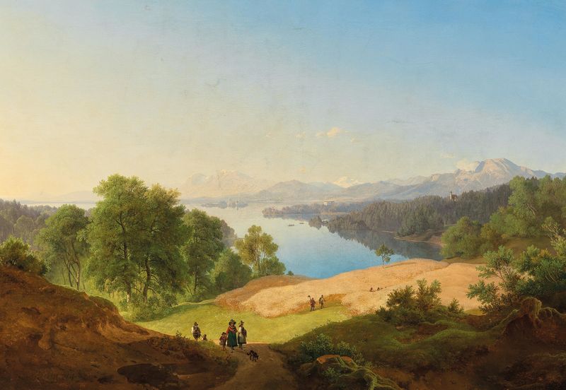 A serene lake landscape with Starnberg Castle and Rose Island, oil painting by Maximilian Haushofer