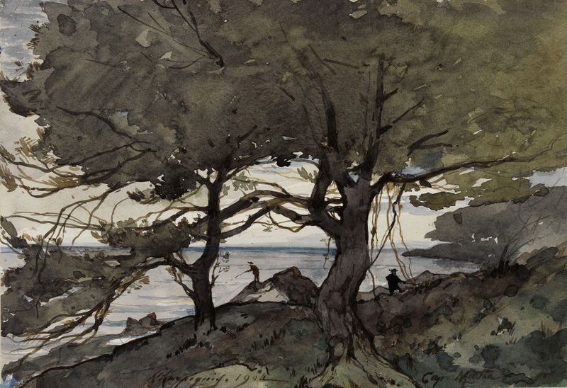 Paisagem com costa e mar de Henri-Joseph Harpignies, pintura a óleo