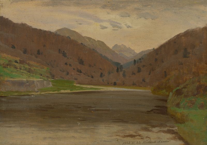 Paisaje montañoso de Ferdinand Katona, óleo sobre lienzo que muestra una dramática cordillera.