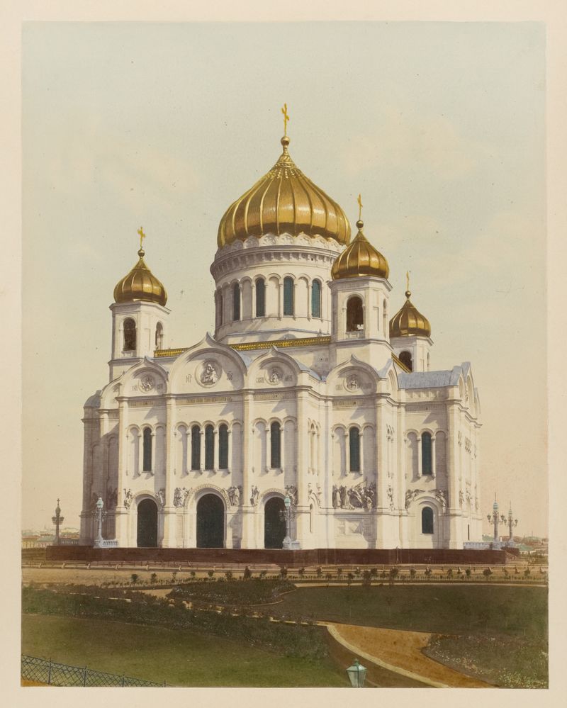 Khram Khrista Spasitelia by J. Daziaro, realism, depicting a church interior with rich blue and brown tones.