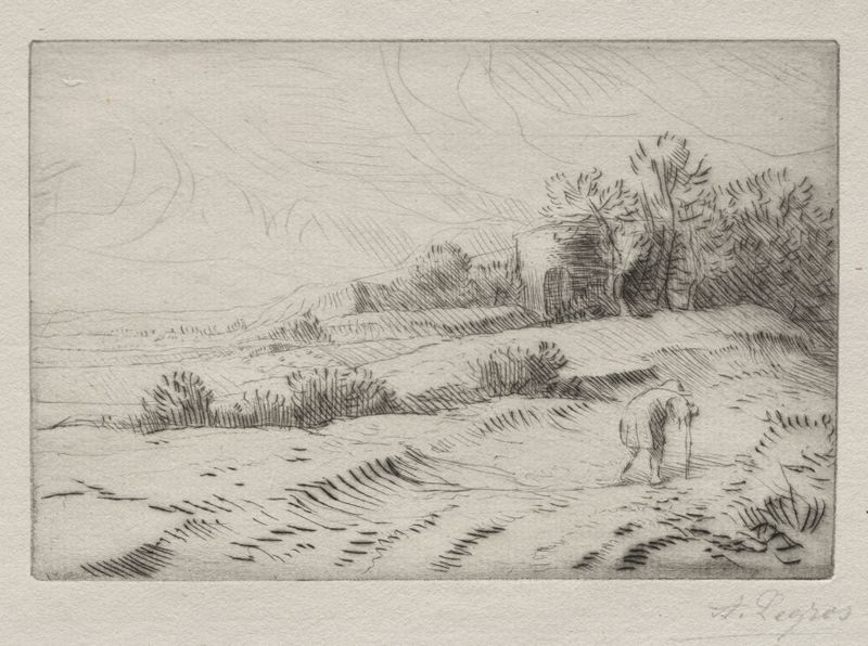 A Torre de Alphonse Legros, óleo sobre tela, apresenta uma torre solitária sob um céu cinza.