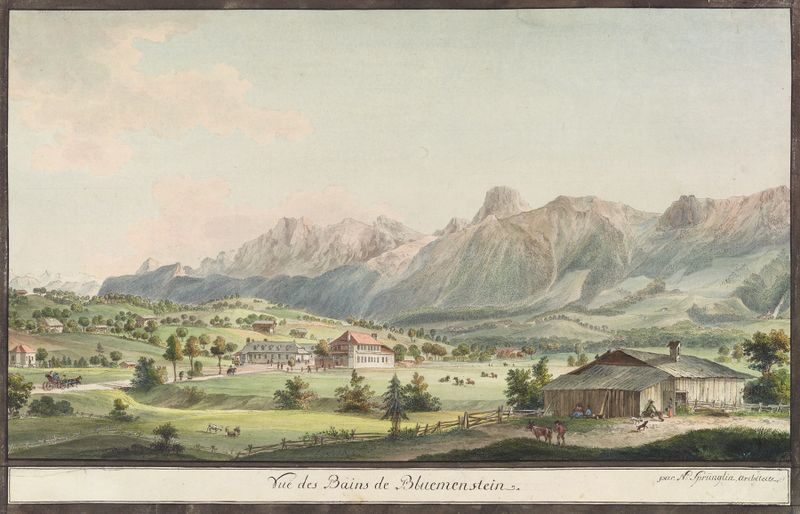 Paisagem com estruturas em ruínas, óleo sobre tela de Niklaus Sprüngli