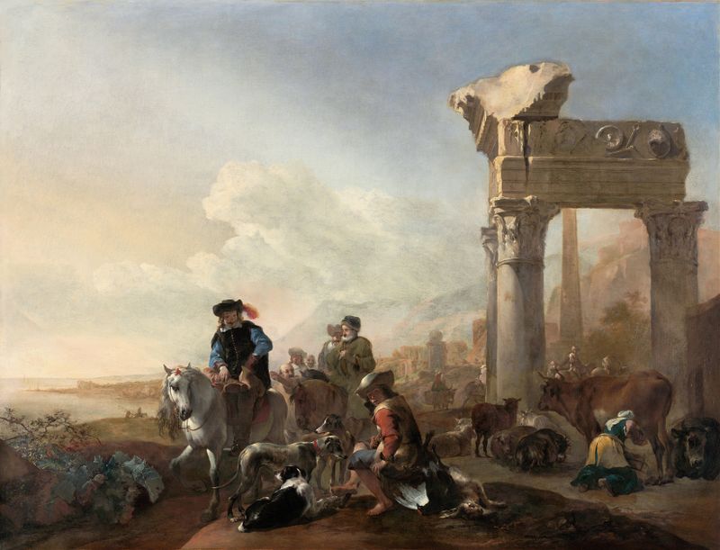 Hunters Near Ruins by Jan Baptist Weenix, oil painting depicting hunters near ancient ruins