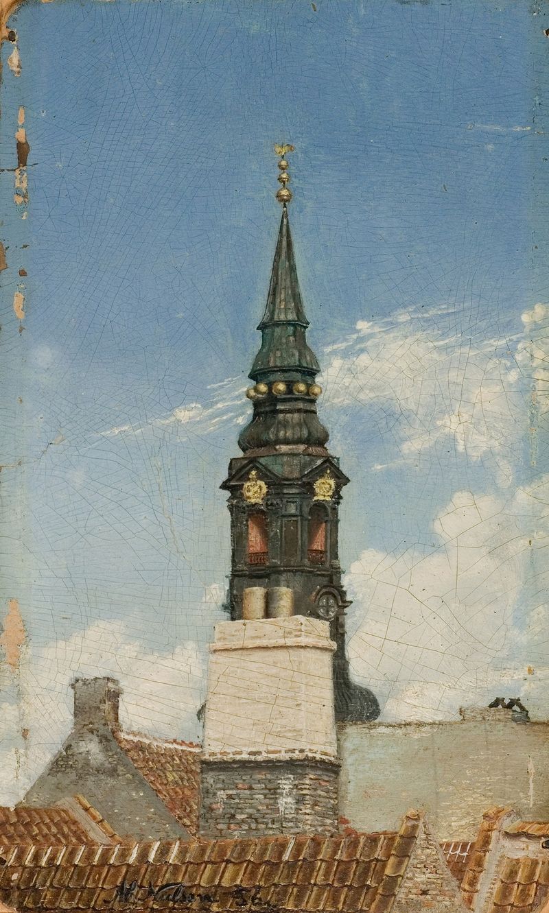 St. Petri kirke, København, óleo sobre lienzo de Amaldus Nielsen, con arquitectura gótica.