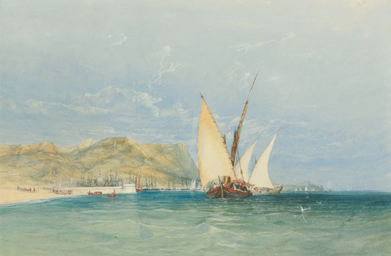 Coast Scene with Sailing Boats by James Holland, oil painting depicting sailing boats on the sea