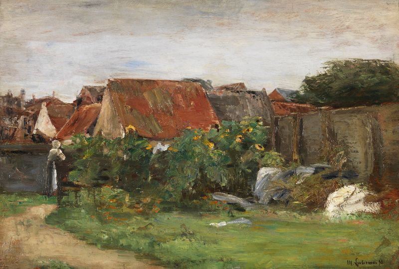 Pintura a óleo de Max Liebermann mostrando girassóis e casas de aldeia.