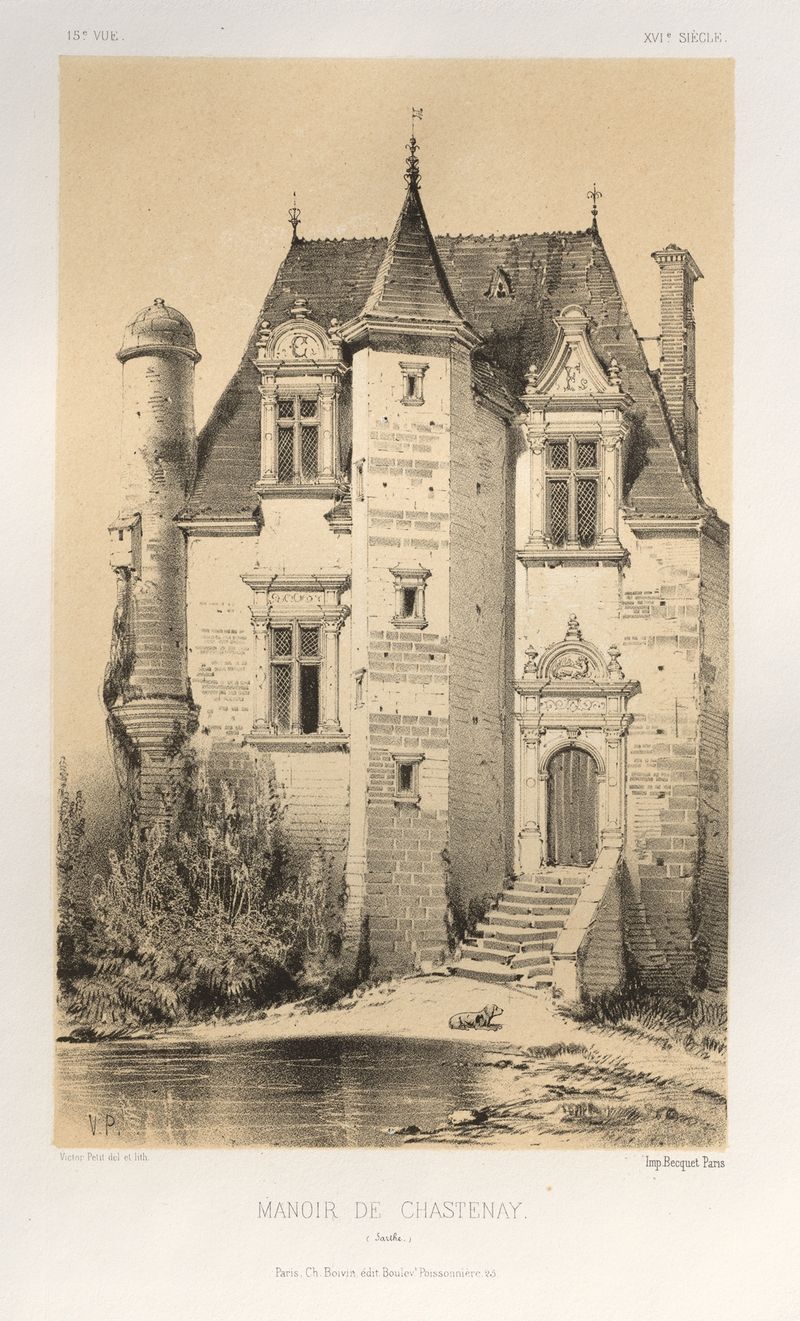 Manoir De Chastenay de Victor Petit, óleo sobre lienzo que representa una mansión en ruinas con hiedra.