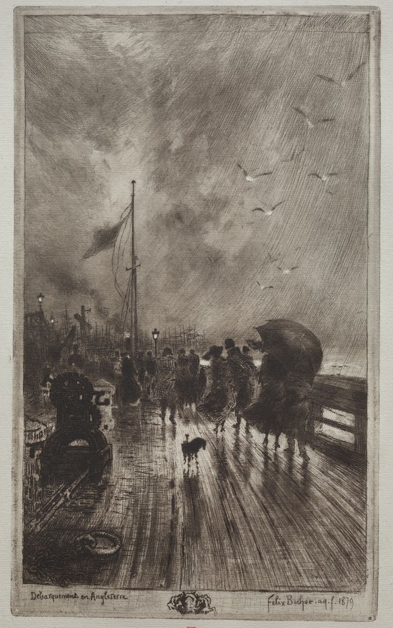 Landing in England, grabado de Félix Hilaire Buhot que representa figuras desembarcando de un barco
