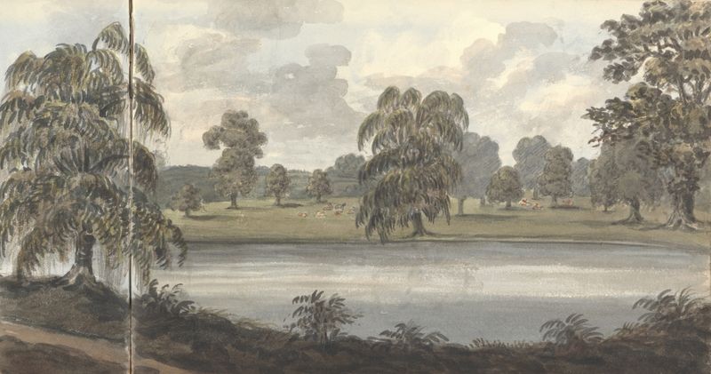 Jardín Paisajístico de Anne Rushout, óleo sobre lienzo que muestra una figura en un jardín vibrante.
