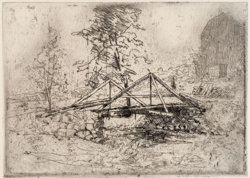 The Wooden Bridge by Julian Alden Weir, impressionism, depicting a serene landscape with water and trees.