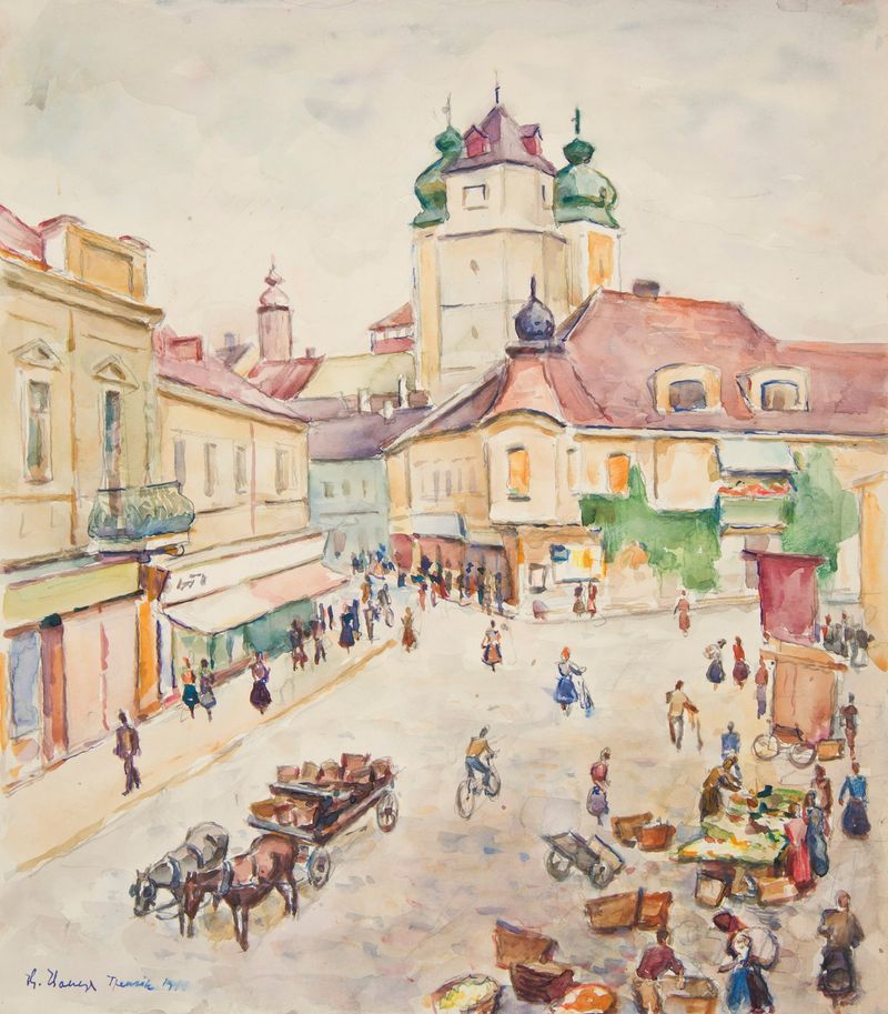 Vibrant cityscape in oil on canvas by Ivan Ivanec depicting Trenczyn.
