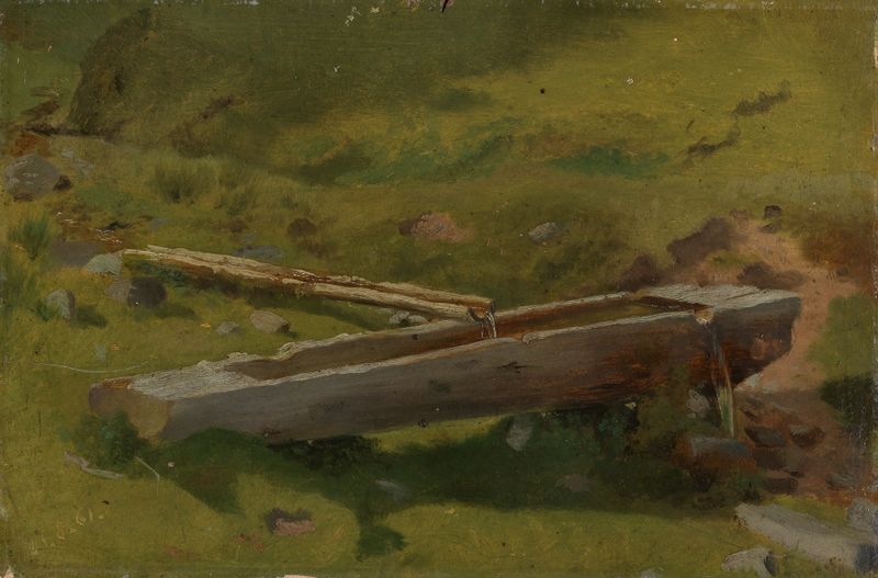 Baumstamm als Brunnentrog de Hans Thoma, óleo sobre tela mostrando um tronco de árvore como um trough rústico.