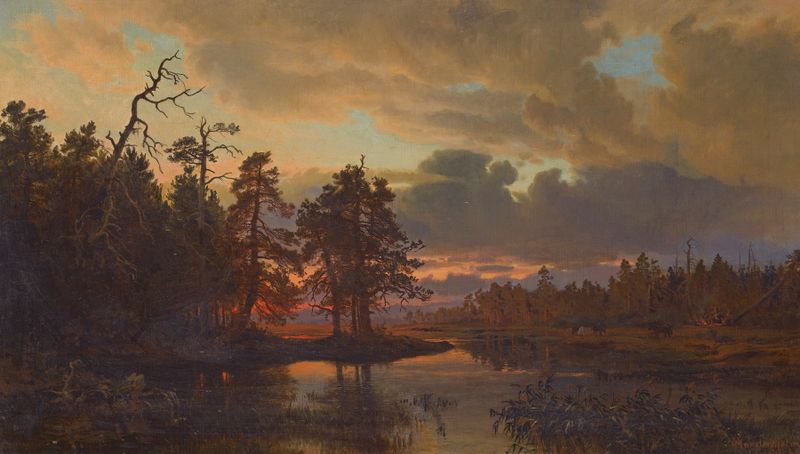 Uma paisagem finlandesa de Hjalmar Munsterhjelm, pintura a óleo que retrata um céu vibrante e horizonte.