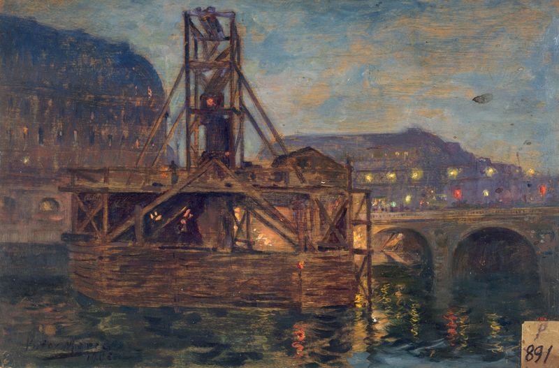 Construction scene in Paris, oil on canvas by Victor Marec