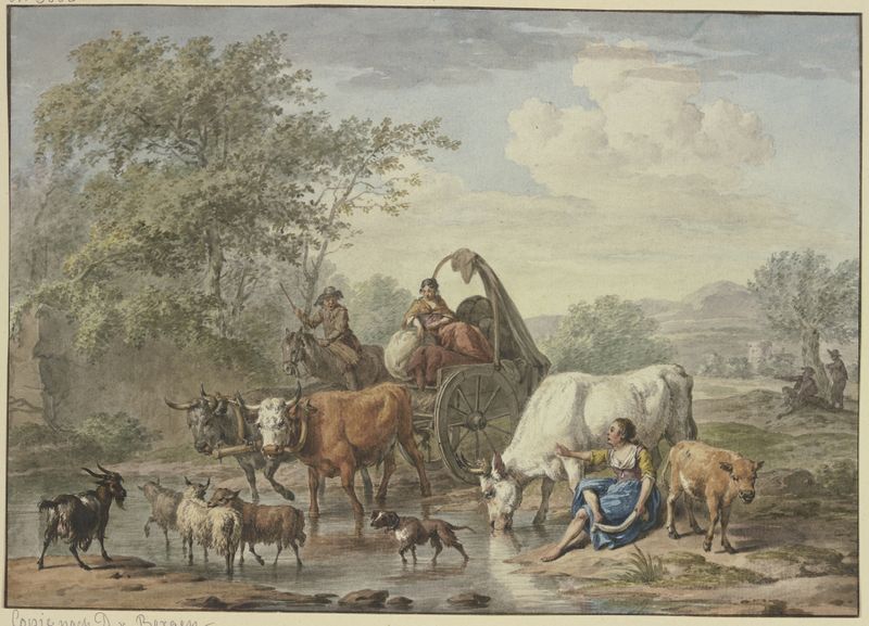 Hirten fahren mit einem Wagen durchs Wasser, a genre scene by Aert Schouman, depicting a wagon in water.